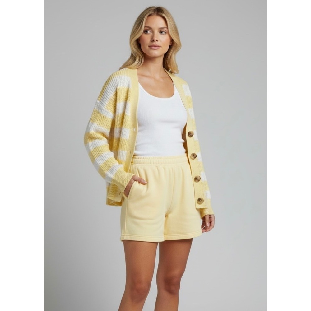 Old Navy Yellow White Striped Cotton Shaker Stitch Cardigan Sweater Size Small